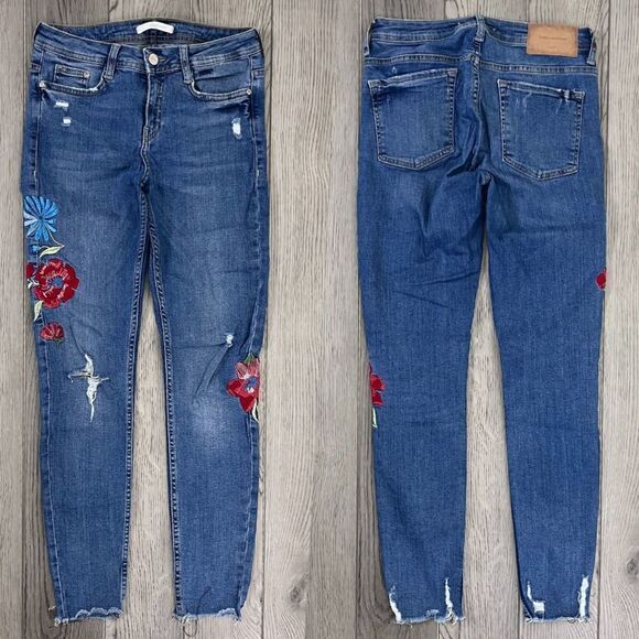 Zara Trafaluc Women Size 4 Embroidered Floral Skinny Leg Cotton Distressed Jeans - Picture 1 of 11